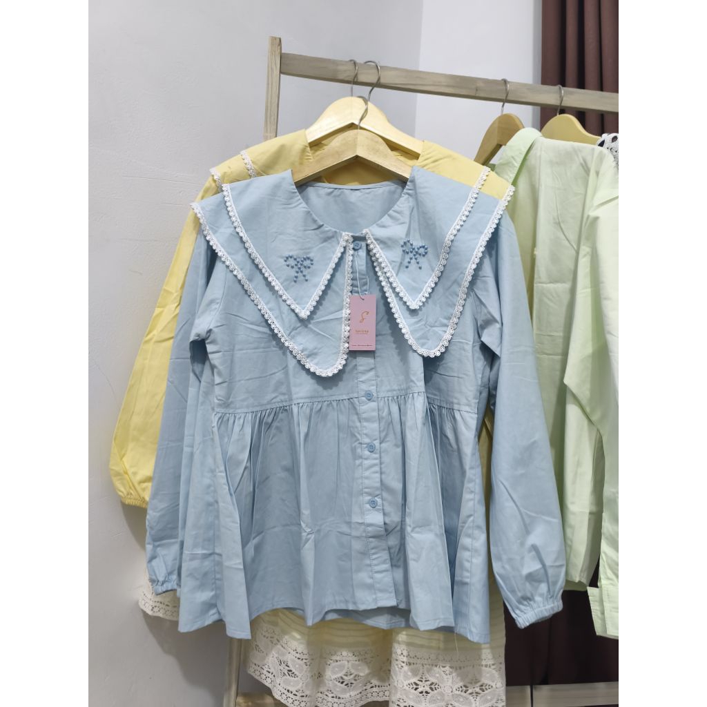 [Soviena] Blouse wanita kekinian, kemeja katun, baju wanita, tunik kerah lucu