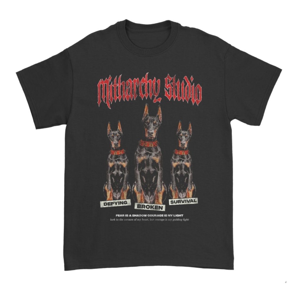 Mitharchy Triple Instinct Tee - Kaos Hitam Dengan Desain Anjing Doberman Defying Broken Survival Bah