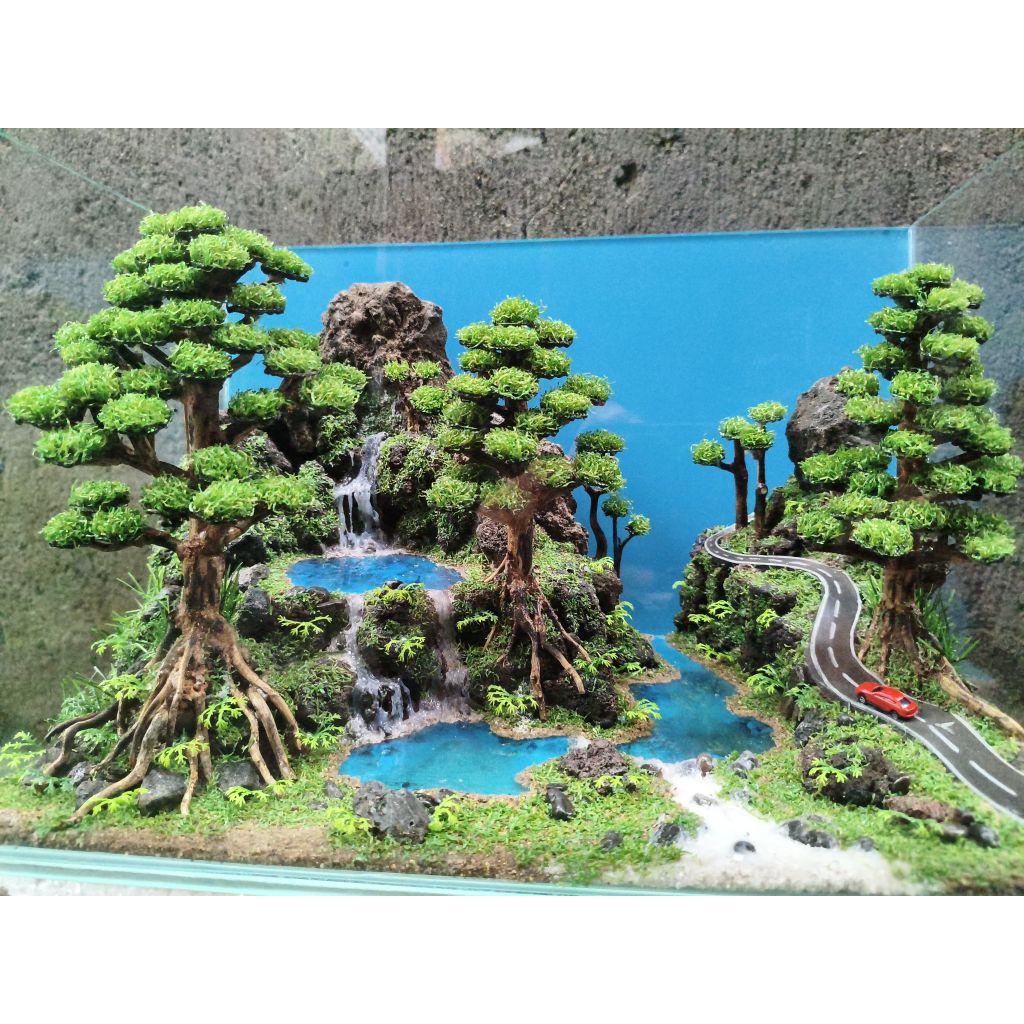 aquascape artifisial fullset ukuran 40x25x25cm tema waterfall bertingkat danau pegunungan gratis exs