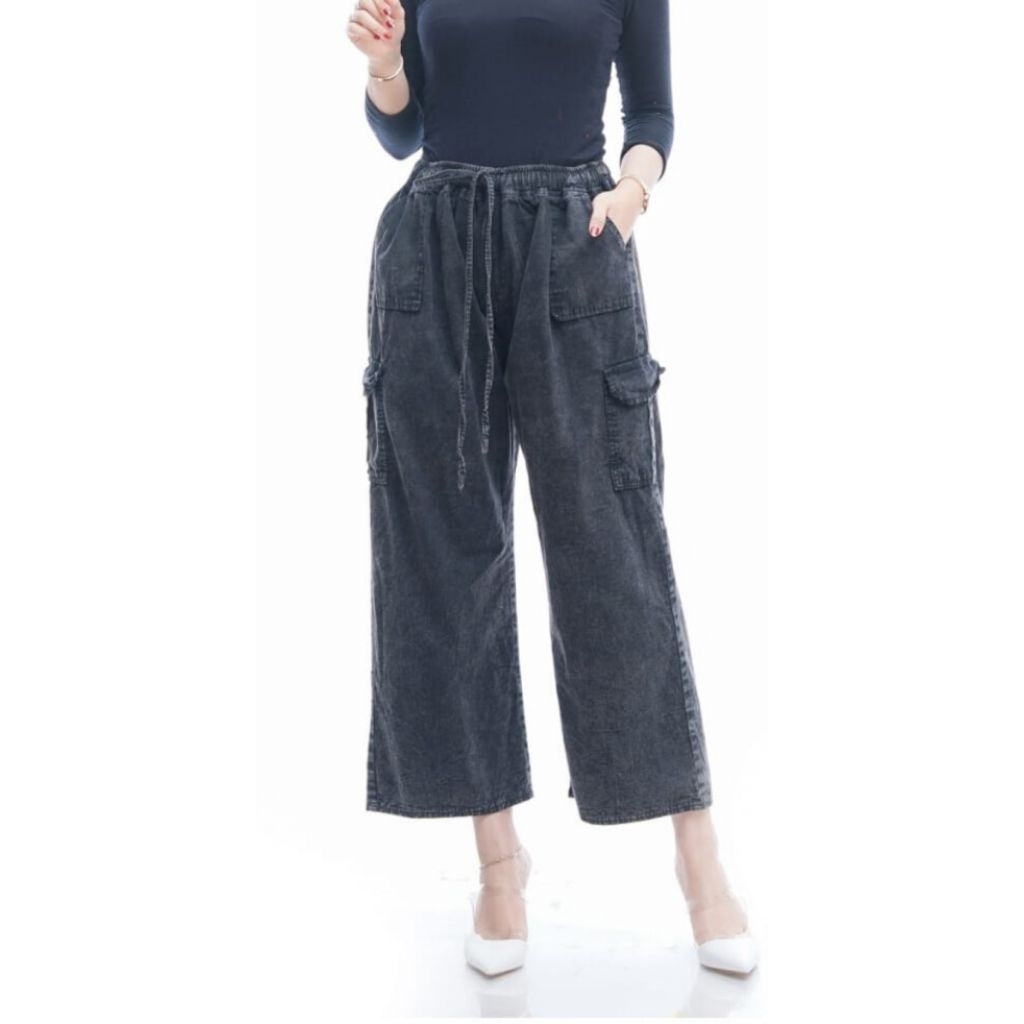 Celana Jeans Cargo Full Karet-Celana Cargo Kulot higwaist Panjang Celana Cargo Wanita Terbaru