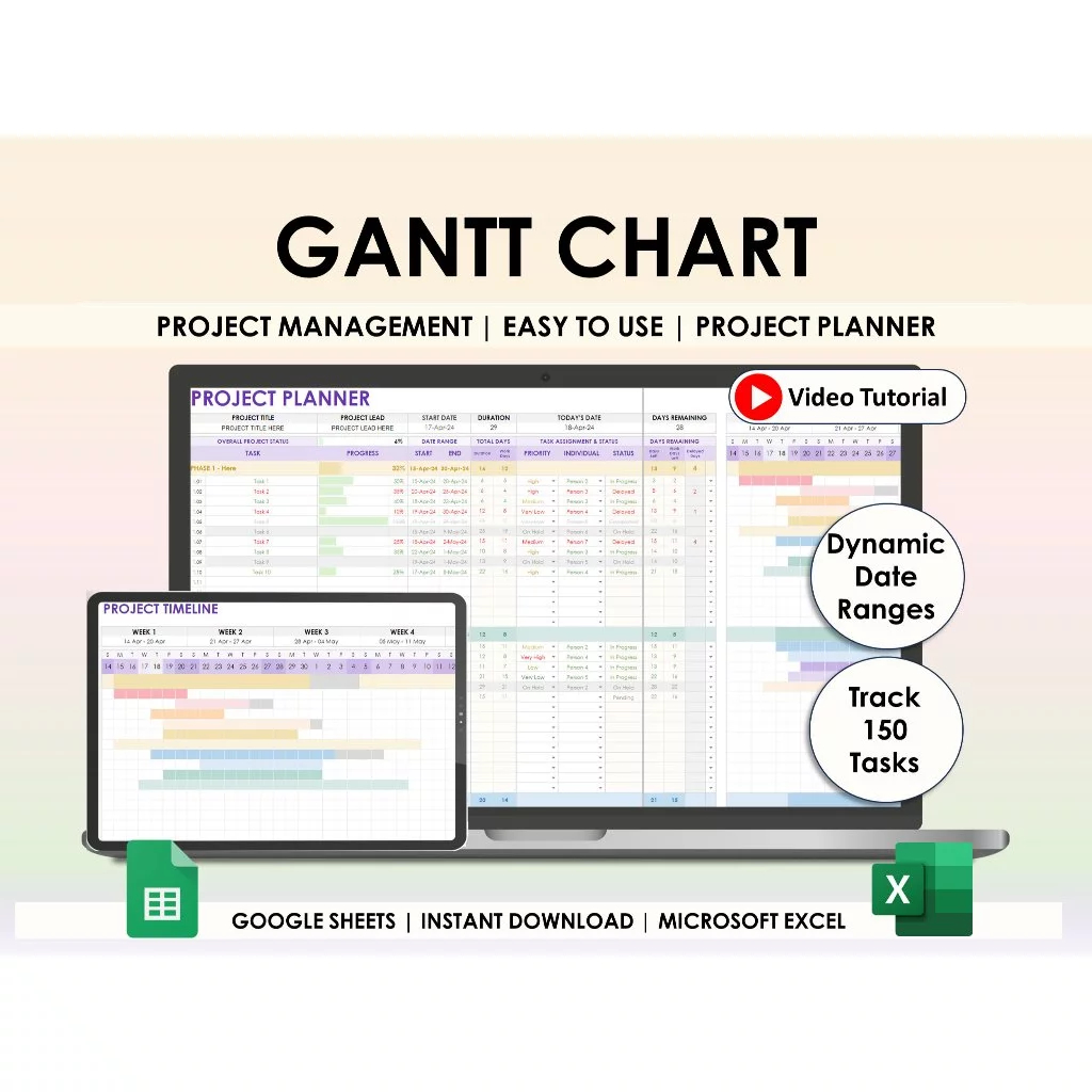 Template Gantt Chart Gogle Sheets Excel Spreadsheet Project Planner Project Management Automated Pro