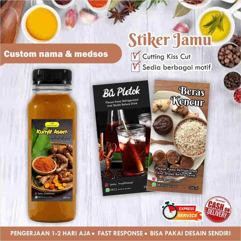 [35 pcs] Stiker minuman Jamu, kunyit asam, beras kencur cromo / kemasan minuman / kemasan botol