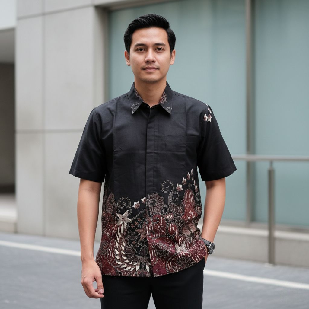 Batik Pria Lengan Pendek Hitam Katun Modern Reguler  - Seragam Batik Pria Pesta Pernikahan Dan Kanto