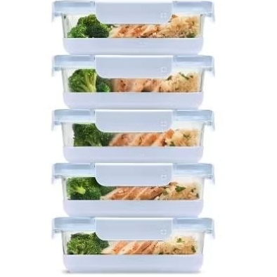 10Pc, 5 Pack Set- Glass Food Storage Container with Silicone Boot and Airtight BPA-Free Plastic Lids