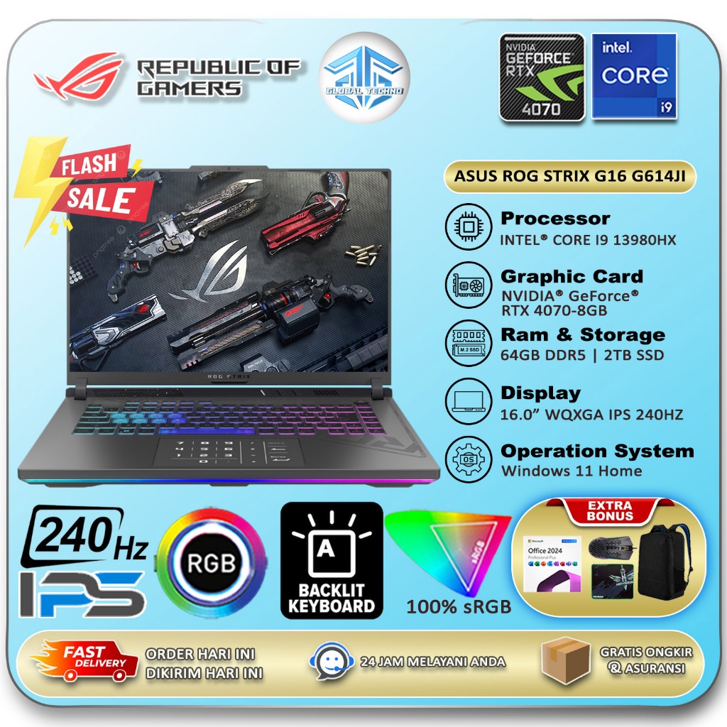 Laptop Gaming ASUS ROG STRIX G16 G614JI RTX4070-8GB Intel Core i9 13980HX RAM 64GB 2TB 16.0 WQXGA