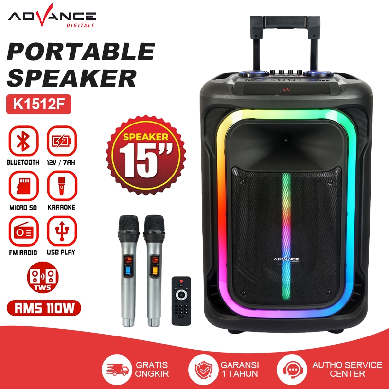 Advance Salon Aktif Bluetooth Full Bass K-1512F Speaker Portable 15inch Speaker Meeting Free 2 Mic W