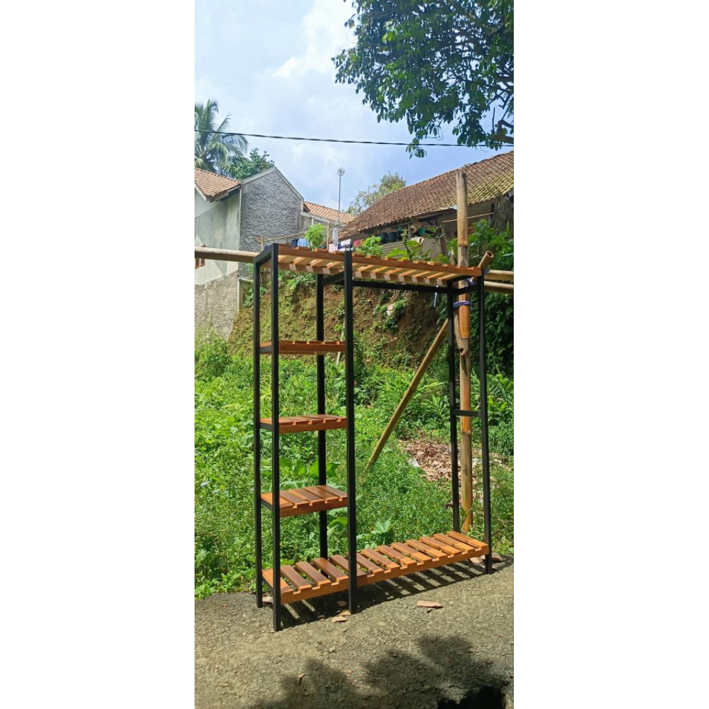 Rak lemari kayu rak 5 tahap penyimpanan baju rak kayu gantungan baju bahan kayu solid