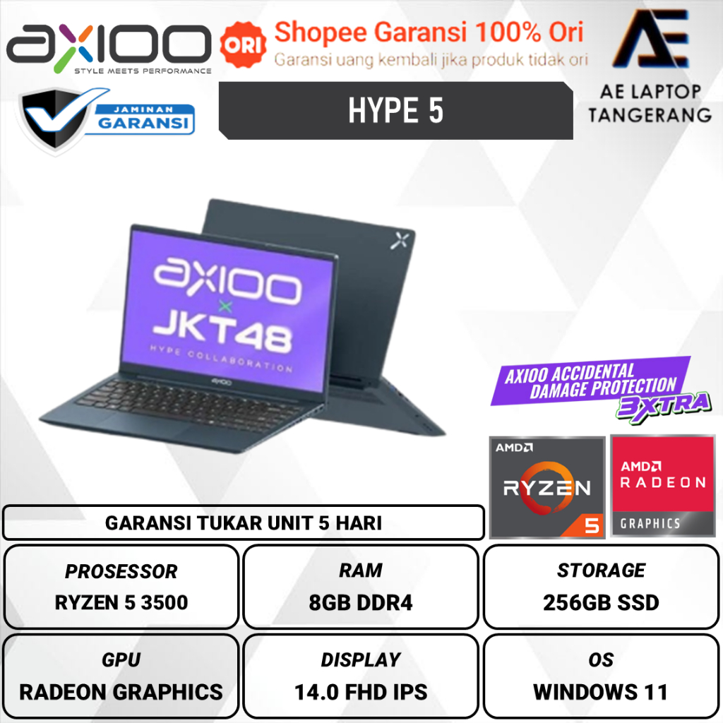 Axioo Hype 5 AMD JKT48 X3 AMD Ryzen 3 3500 8GB 256GB W11 14.0 inch FHD IPS BLIT HDMI