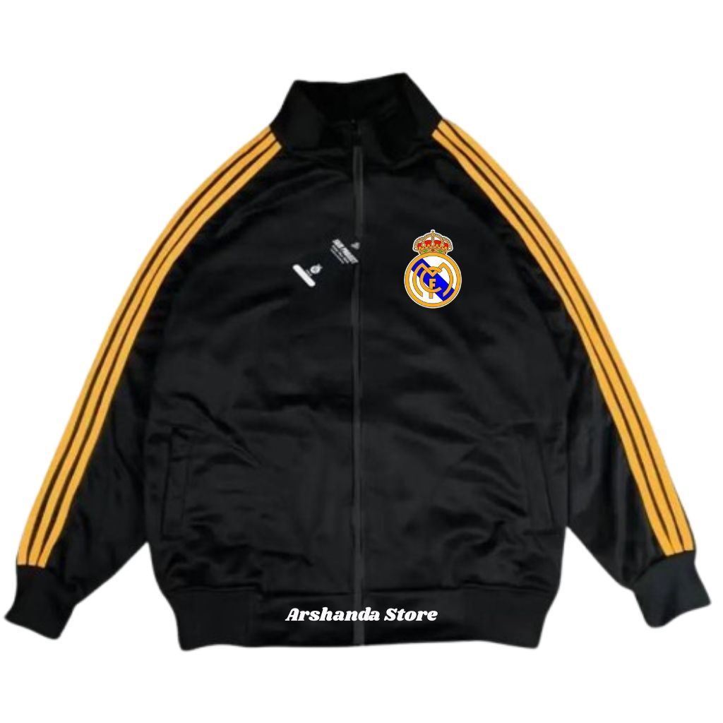 Tracktop Jaket Unisex Black Stripe Kuning List Outdoor Jacket Olahraga Club Bola Top Dunia Real Madr