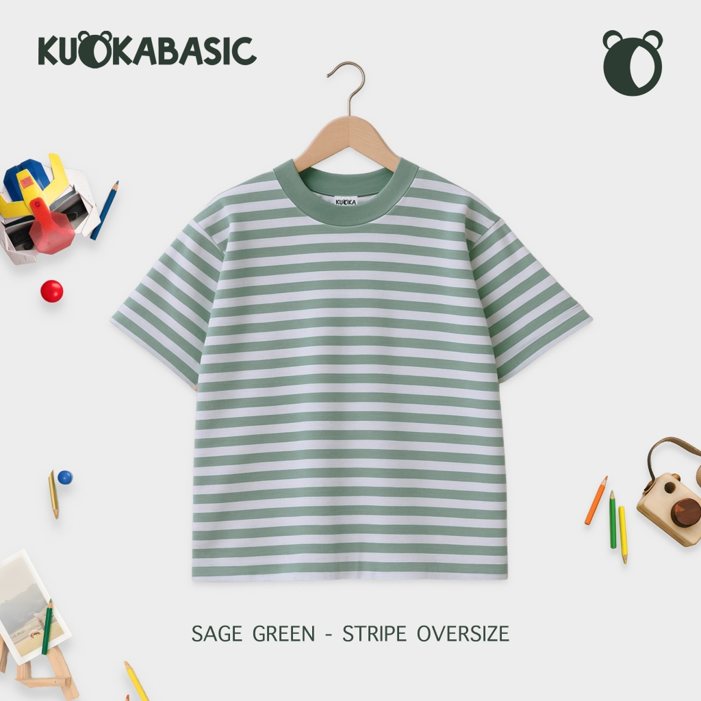 KUOKABASIC Kaos Salur Anak Oversize Sage Stripe Kaos Garis Anak Laki Laki Perempuan Usia 1-12 Tahun