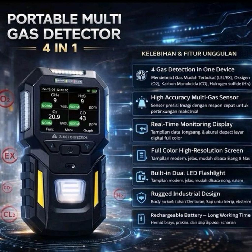 Portable Multi Gas 4in1 Gas Detector Bosean BT-BX402 Multi 4 Alarm Mode (LEL O2 CO H2S)
