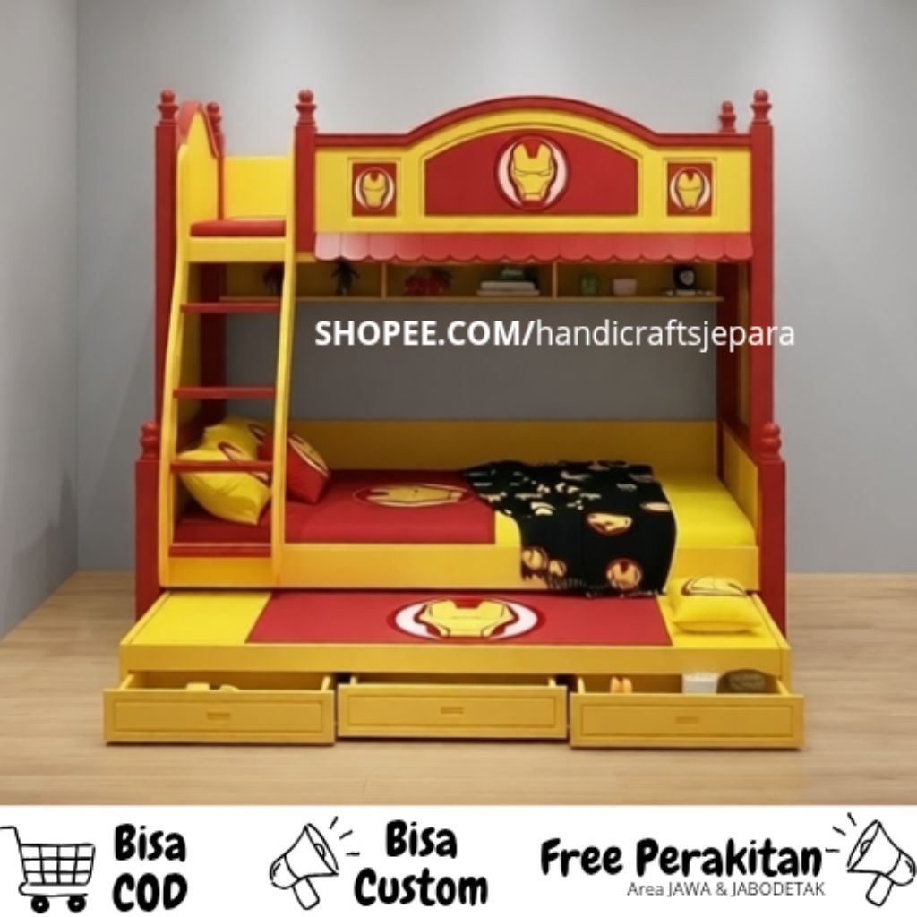 Ranjang Tingkat Laci Karakter Ironman , Bunk Bed Anak Custom Kayu Murah