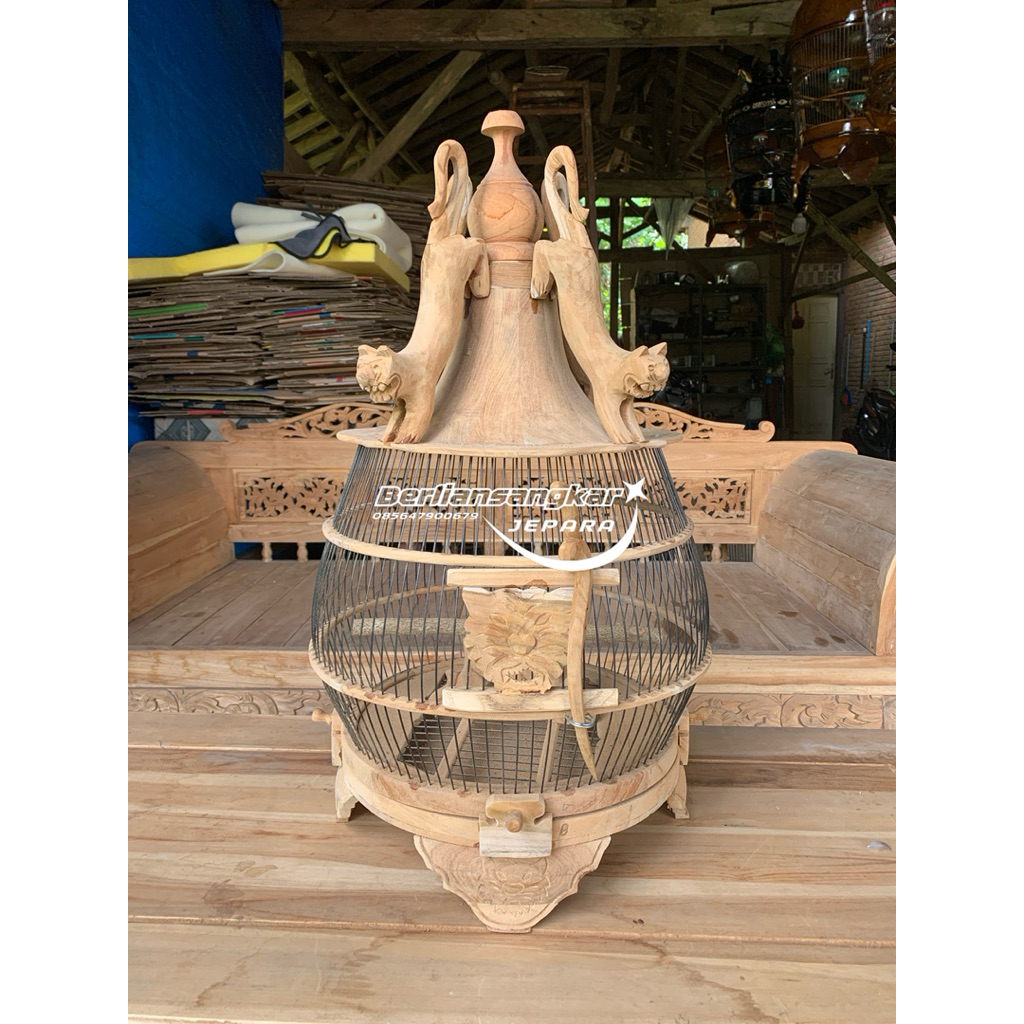 Sangkar perkutut kayu jati motif minion macan mentahan