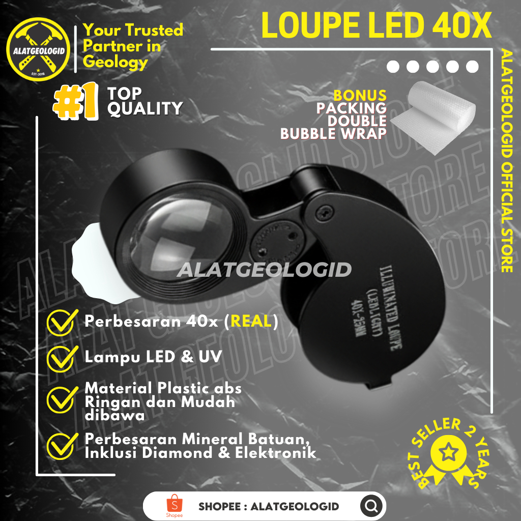 Kaca Pembesar Geologi Lup LED UV Loupe 40x Original Perhiasan / Batuan
