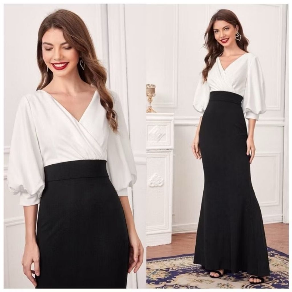 LEAH DRESS - Dress Pesta Wanita Maxi Bodycon V neck Big Size Jumbo Ukuran Besar, Baju Party Casual F