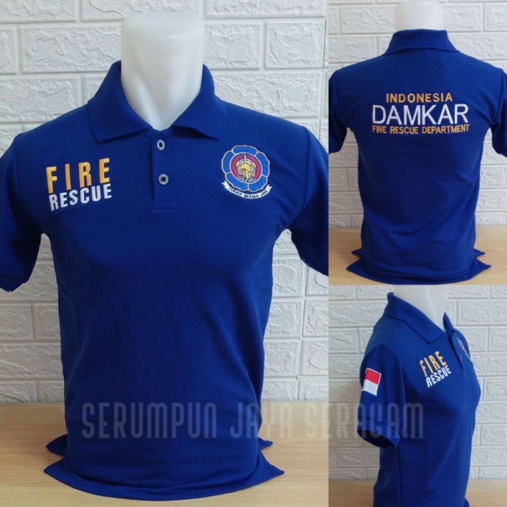 KAOS DAMKAR BIRU FULL BORDIR - KAOS KERAH DAMKAR BIRU LENGAN PENDEK BORDIR - KAOS DAMKAR