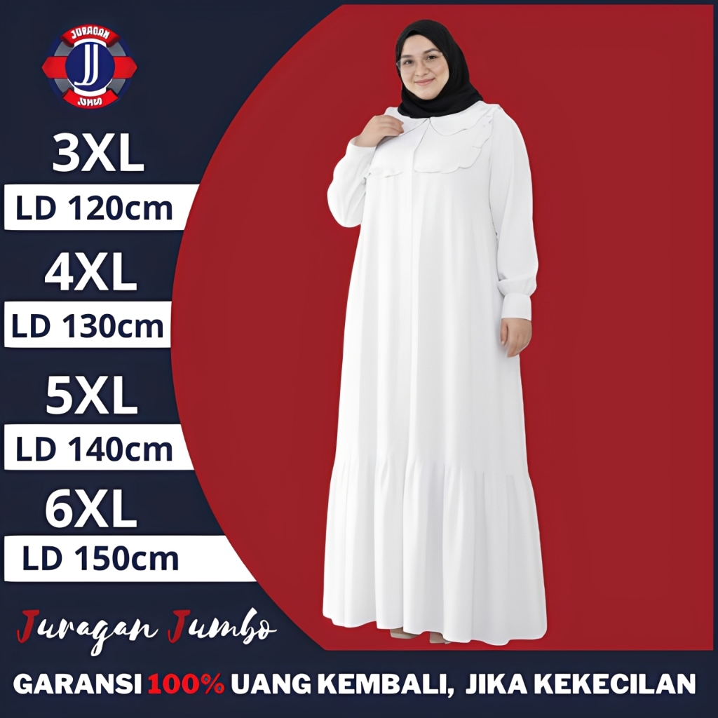 Baju Gamis Dress Lebaran Wanita Jumbo LD 120 130 140 150 Abaya Putih Mewah Terbaru