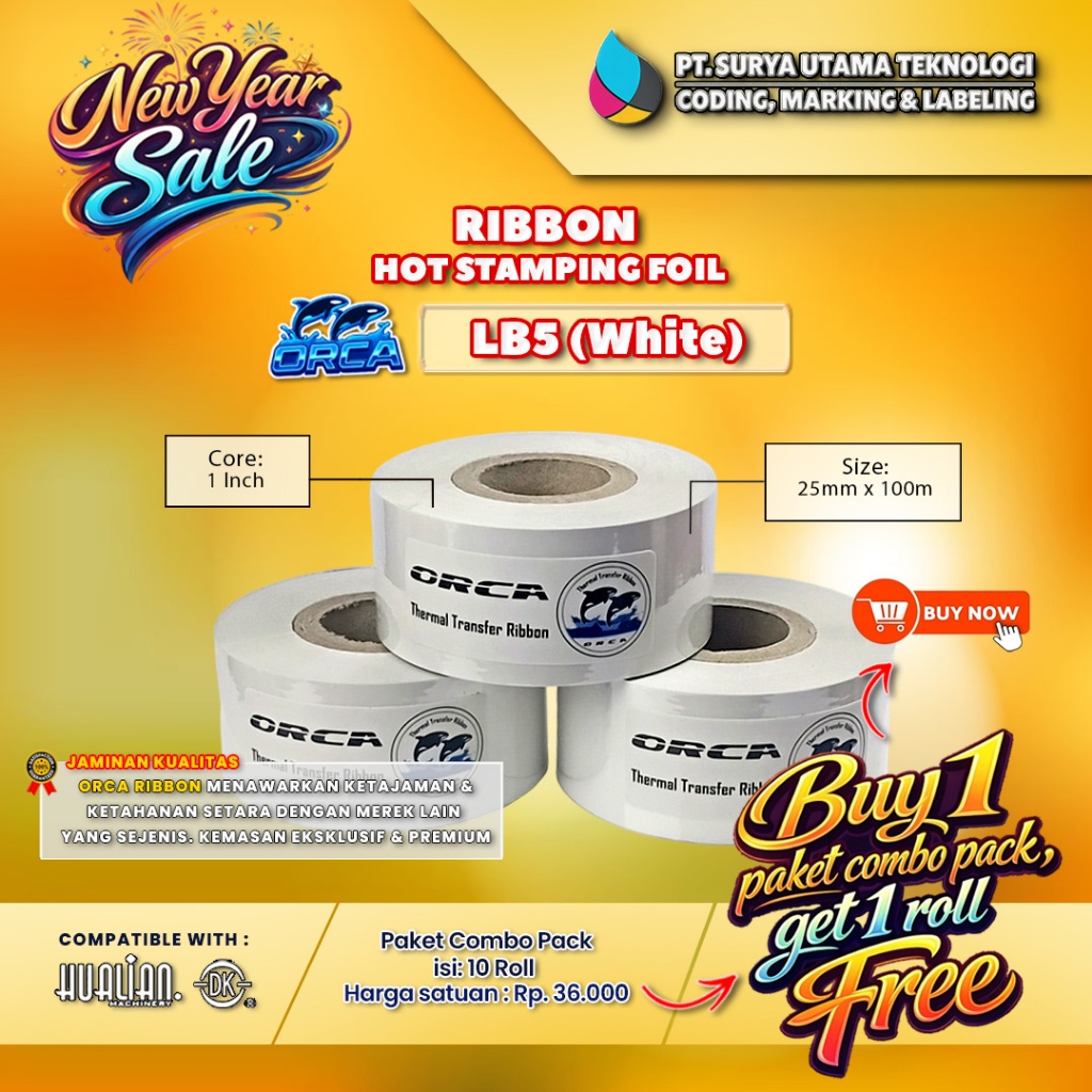 Ribbon Tape Hot Stamping Foil FB5 ORCA Putih Ukuran 30mm x 100m  Paket Combo Pita Tinta 10 Roll Free