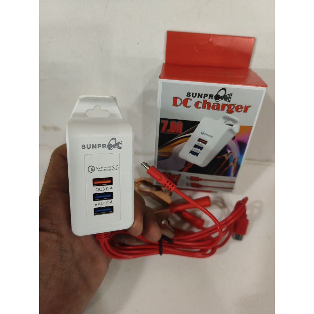 SUNPRO 7.0A Dc Charger Cas Dr Aki 12V Casan Hp Type C Micro USB 3 Port USB