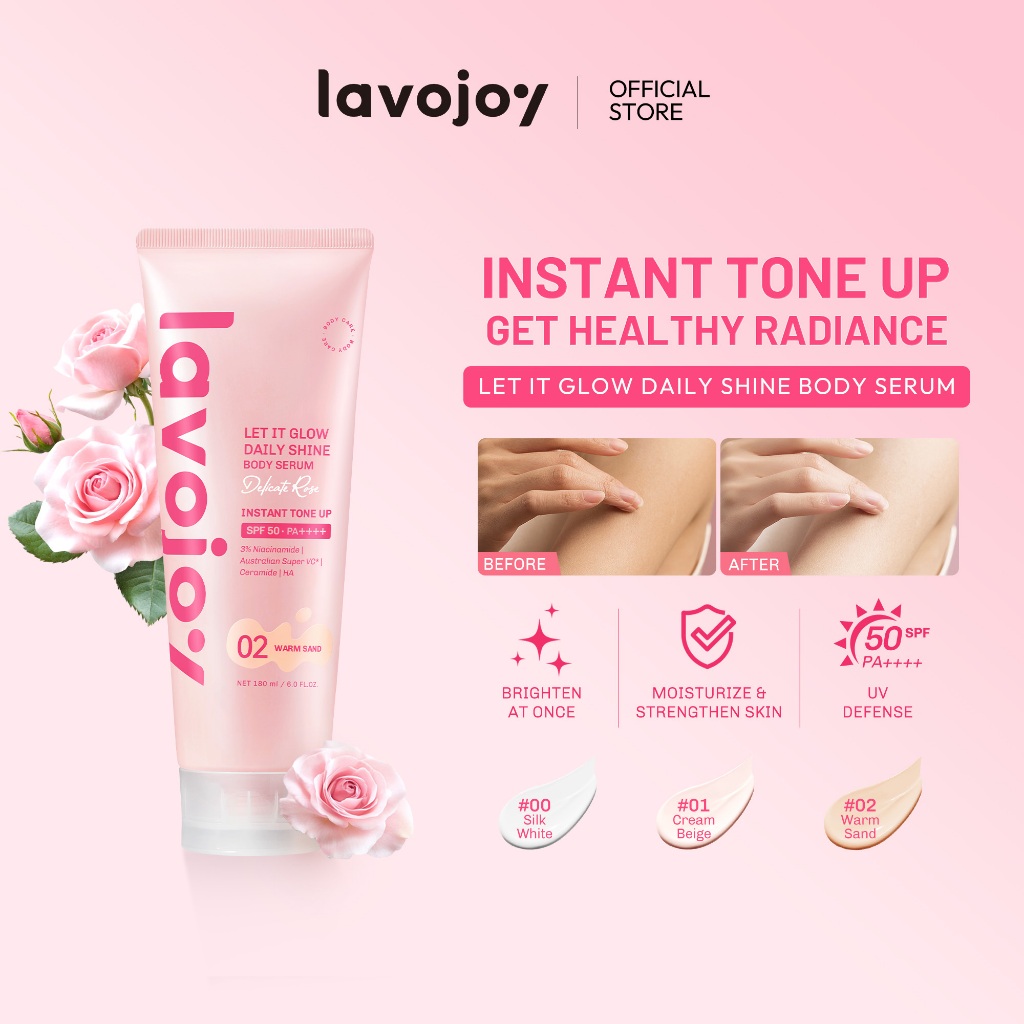 [TONE UP SHADE 02] Lavojoy Let It Glow Daily Shine Body Serum Instant Tone Up Delicate Rose with SPF 50 PA++++|Shade 02 Warm Sand|Body Serum untuk Perlindungan Sinar UV|Mencerahkan Seketika & Melembapkan Kulit dengan 3% Niacinamide + Australian Super VC