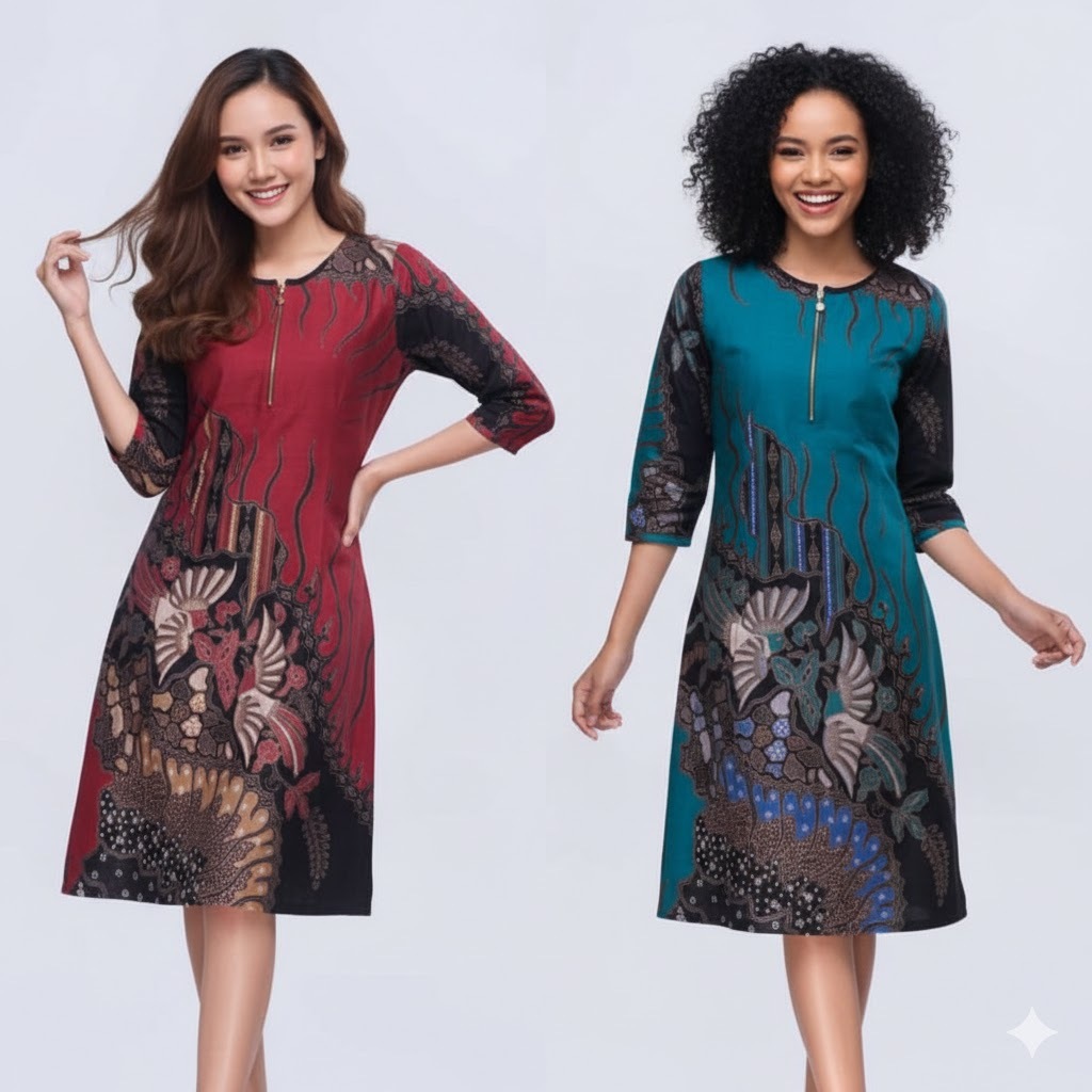 Dress Batik Wanita Modern Terbaru - Baju Terusan Batik Kerja Kantor Elegan - Gamis Batik Pendek Casu