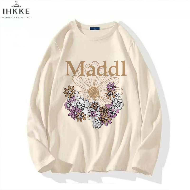 IHKKE Atasan Kaos Oversize Lengan Panjang Wanita | Korean Style Daisy Kecil Cetak Pola Graffiti Kaos