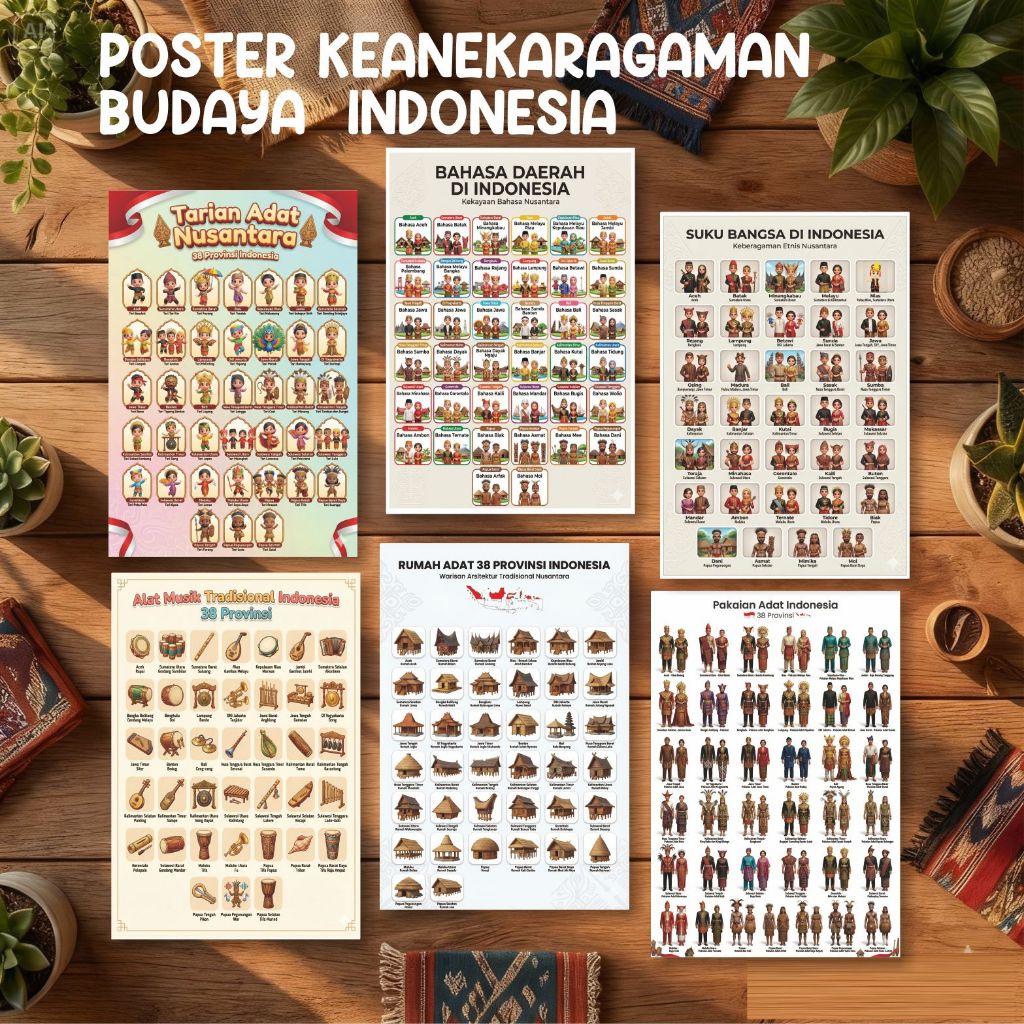 Poster Keanekaragaman Budaya Nusantara Indonesia, Rumah Adat, Tari Adat, Baju Adat, Alat Musik