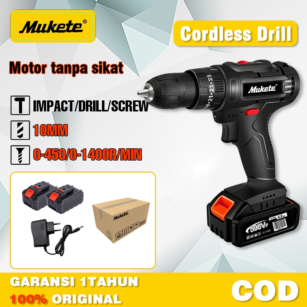 MUKETE mesin bor listrik 1400RPM  mesin bor baterai Impact Cordless 598V Baterai- Bor Listrik Set