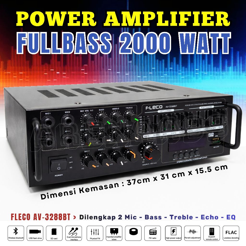 Amplifier Daya 2000 Watt Full Bass Untuk Salon Besar / Spaeker Jumbo Fleco AV-3288BT Audio Penguat S
