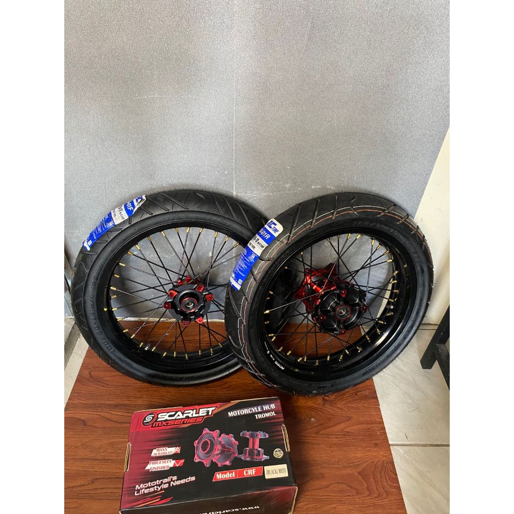 Velg Supermoto CRF Tromol Scarlet Ban IRC Baru Ring 17 Velg Ukur 250/300 Dan 300/350