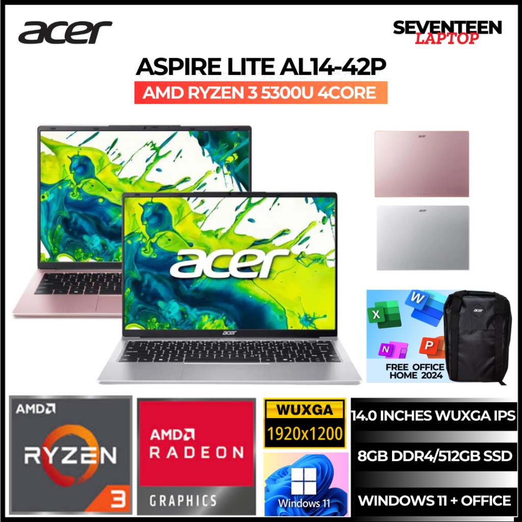 Laptop ACER Aspie Lite AL14 AMD Ryzen 3 5300U 8GB/512GB SSD 14.0 FHD IPS Win11 OHS Garansi Resmi