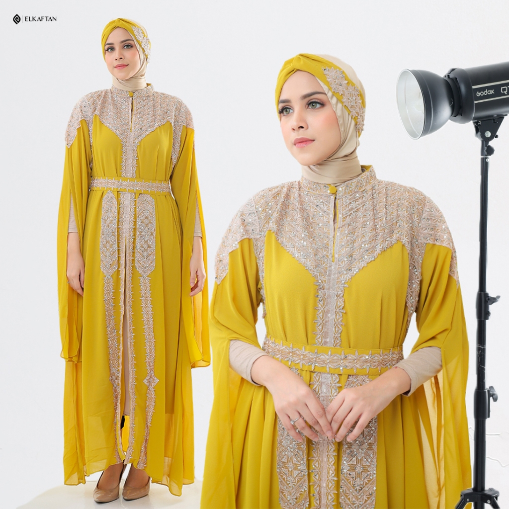 Elkaftan - Ameera Baju Abaya Kaftan Premium Simple Elegan Kekinian Set Belt Dan Turban Muslim Wanita