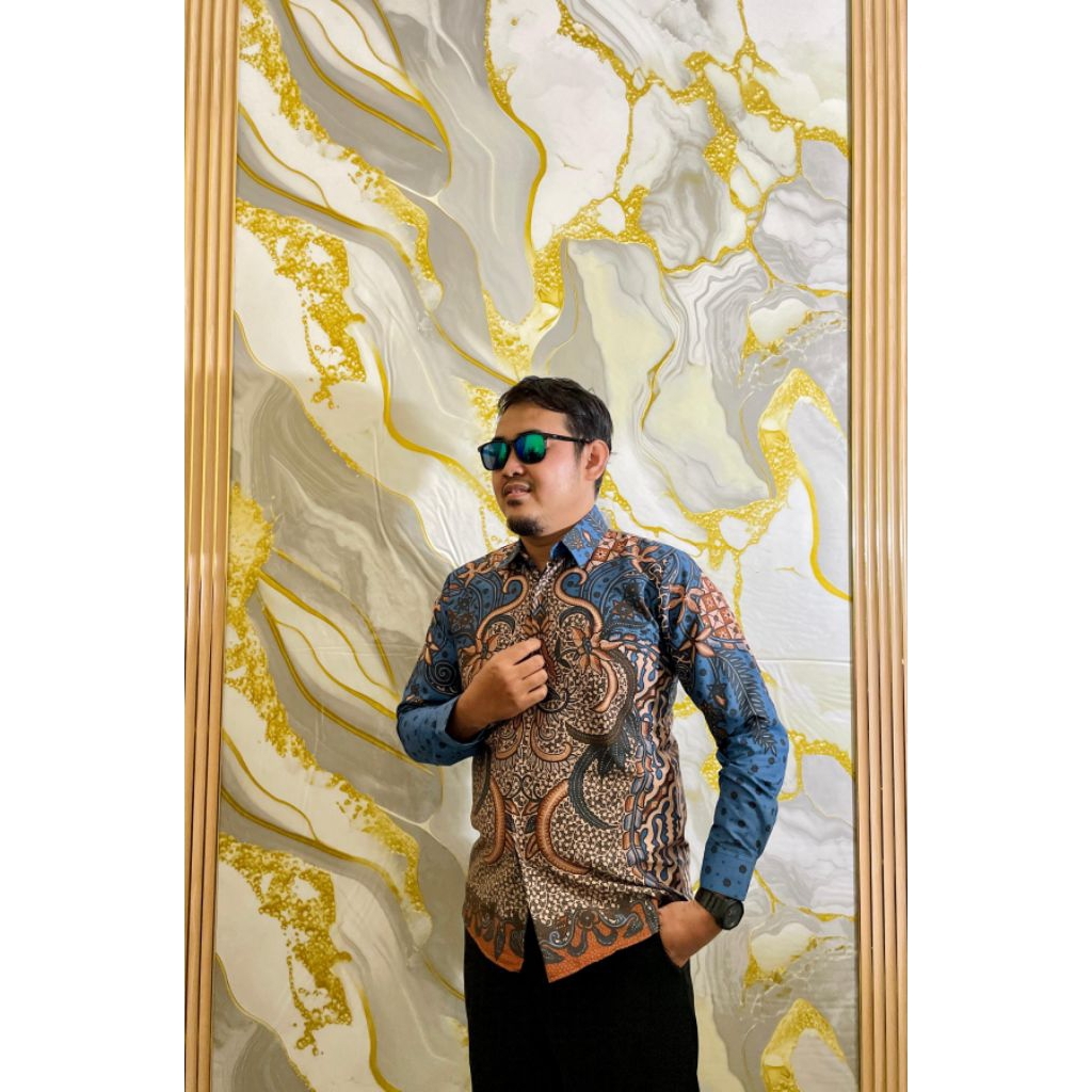 Batik Putra Putri Kemeja Batik Pria Modern Motif Puspita Langit Warna Biru Batik Pria Atasan Batik P