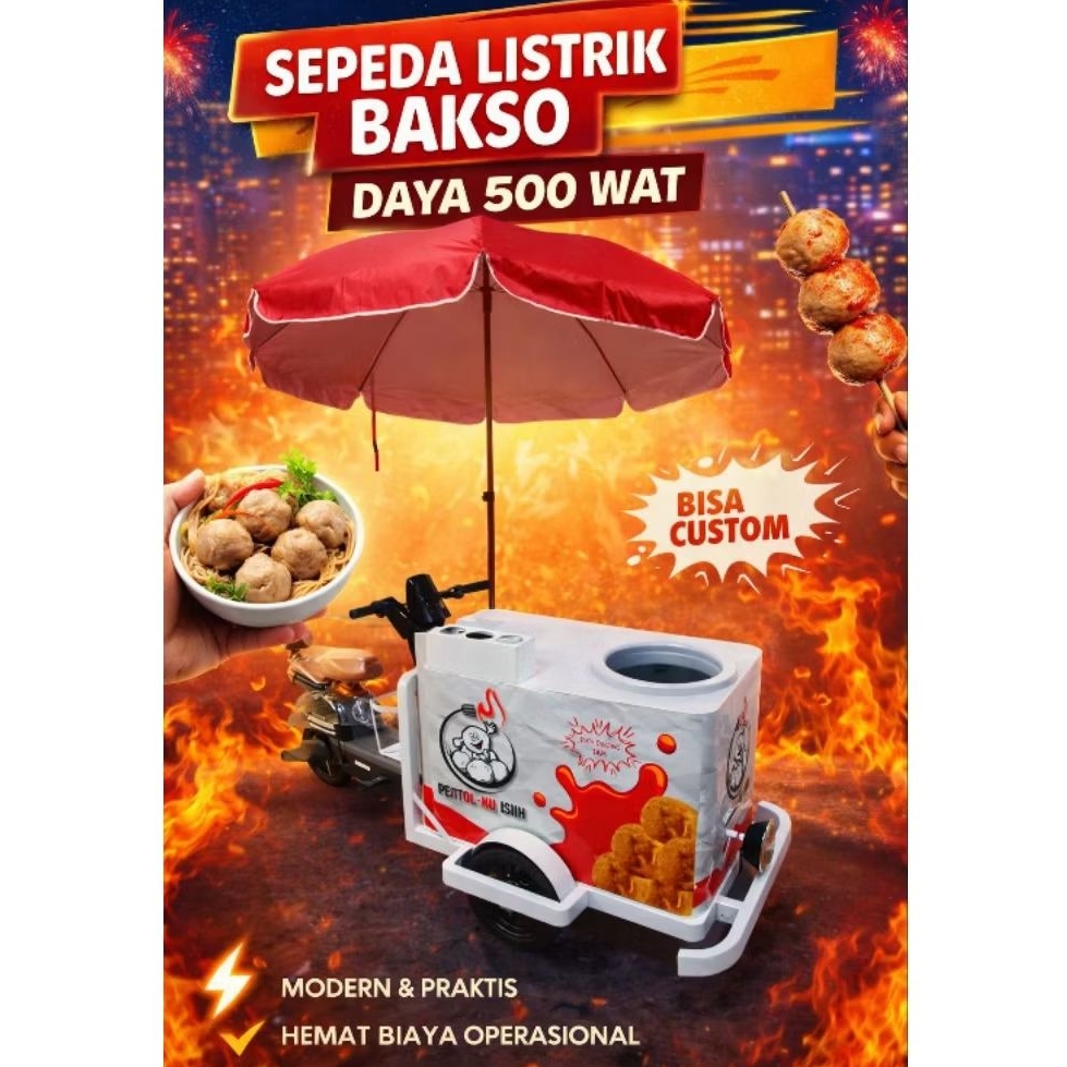gerobak sepeda listrik bakso dan pentol keliling bisa custem model