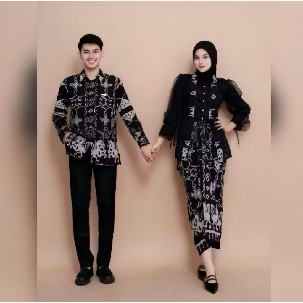 BAJU COUPLE TENUN KEBAYA PUSPA BLACK SET KEMEJA PRIA BAJU SET PASANGAN SET COUPLE