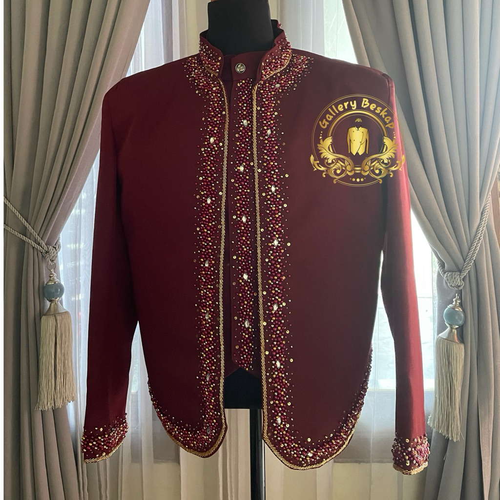 Beskap pengantin maroon/ beskap jawa solo/ baju pengantin adat bahan semi wol