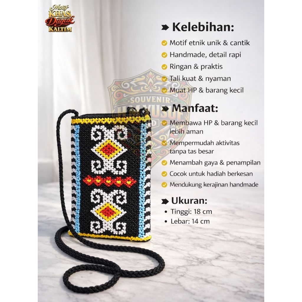 Tas Manik HP Khas Dayak Kaltim – Tali Selempang – Handmade Etnik