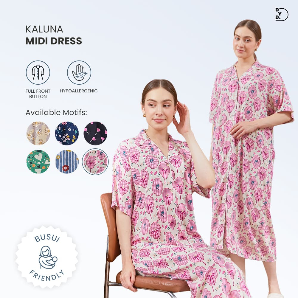 DYD LABEL Kaluna Dress Midi Full Kancing Depan Bahan Rayon Premium Nyaman Bumil & Busui Friendly All