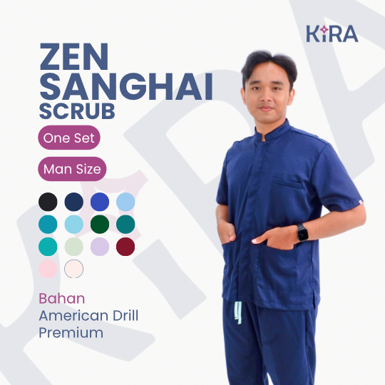 ZEN SHANGHAI SCRUB PRIA Baju Medis Kerah Shanghai /Baju Jaga/Baju Oka/American Drill/Kira Scrub