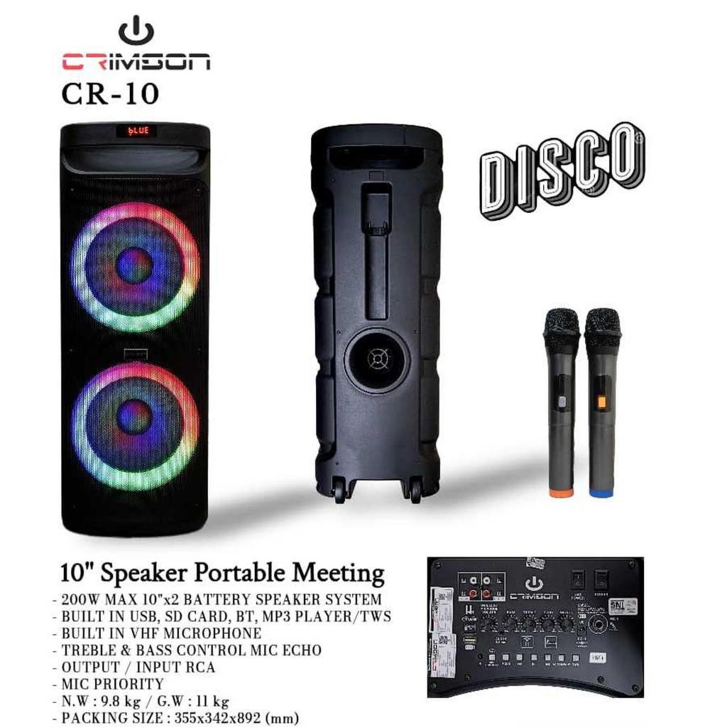 Speaker Portable Crimson CR-10 / CR10 Disco Original 10 inch 2 microphone pegang