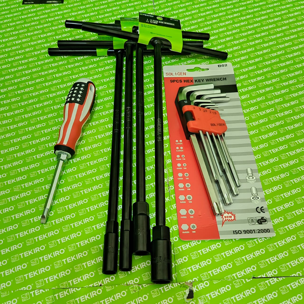 TEKIRO Kunci Sock T Set / Sok T Fullset 8 - 10 - 12 - 14 mm + Kunci L Long + L Bintang Set Kombinasi