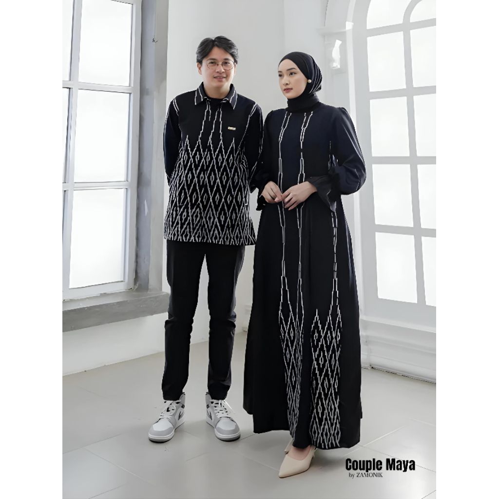 maya dress tenun hitam couple - dress tenun couple - gamis tenun kemeja couple
