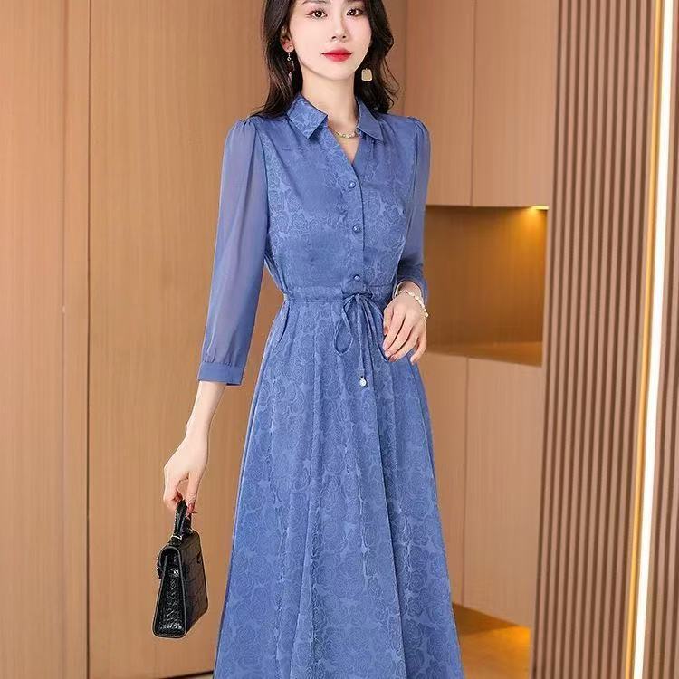 Dress Wanita Brokat Biru Elegan Lengan Fit Pinggang Serut Casual Formal