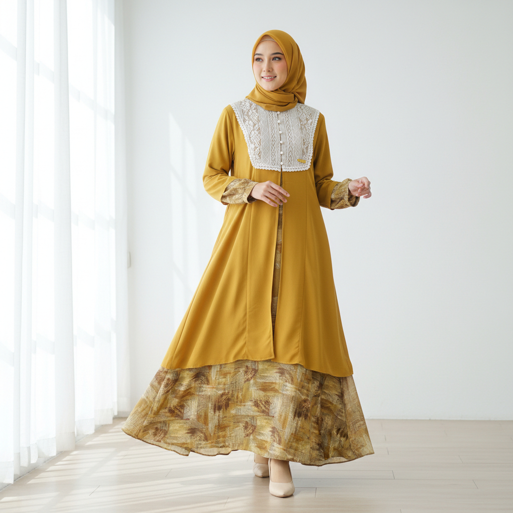 Mutia Dress | Gamis Layer Matt Rayon Motif Mix Ceruty Warna dan Matt Rayon Mix Ceruty Hitam Polos