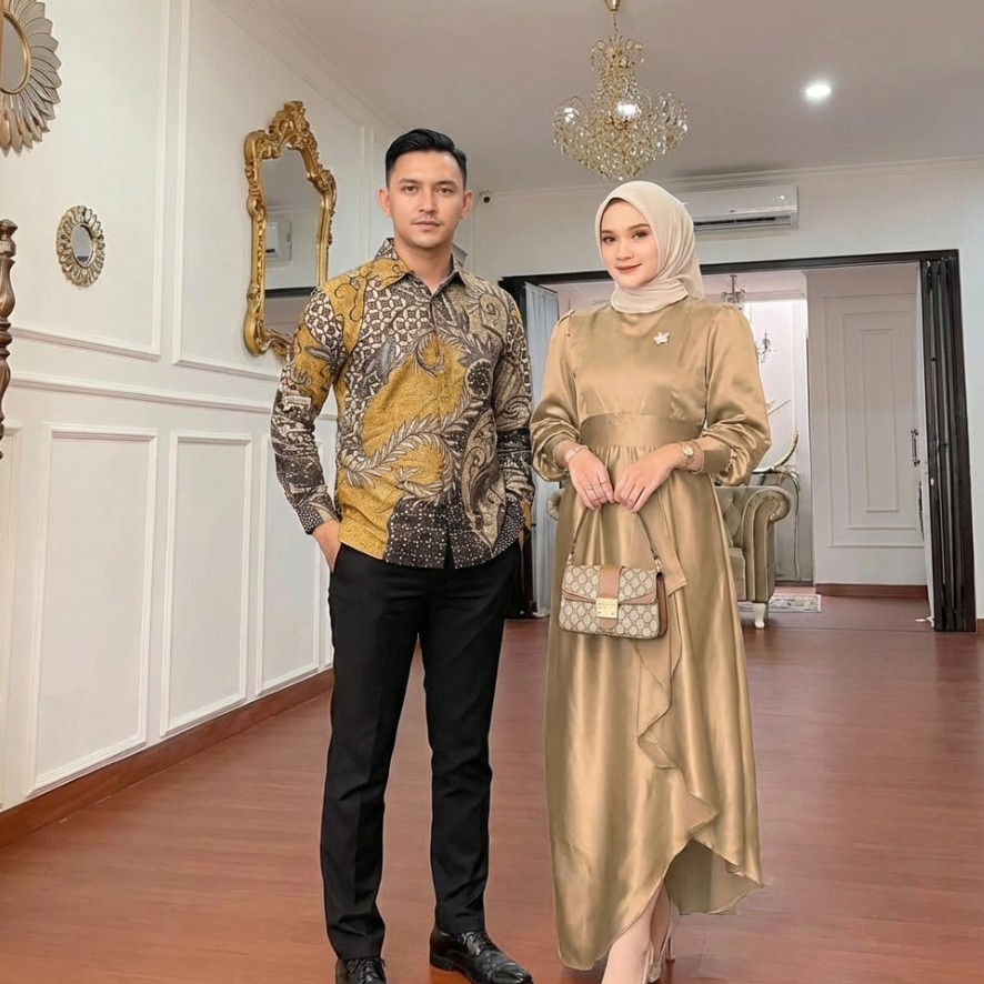Gamis Couple Satin Batik Katun Motif Floral Brokat Velvet Jumbo Hitam Nude