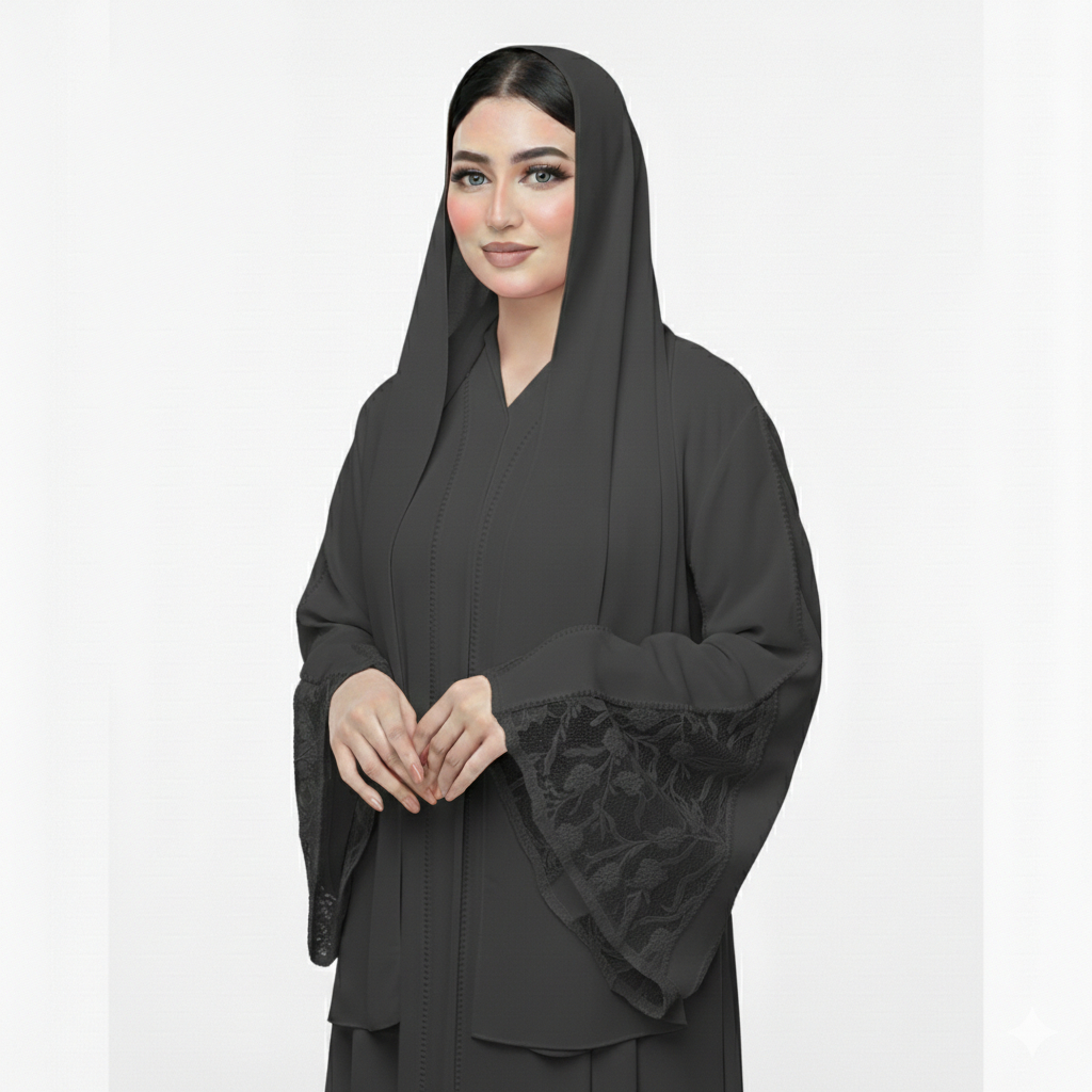 HEELA ABAYA Azalea Brukat Abu Tua Elegan