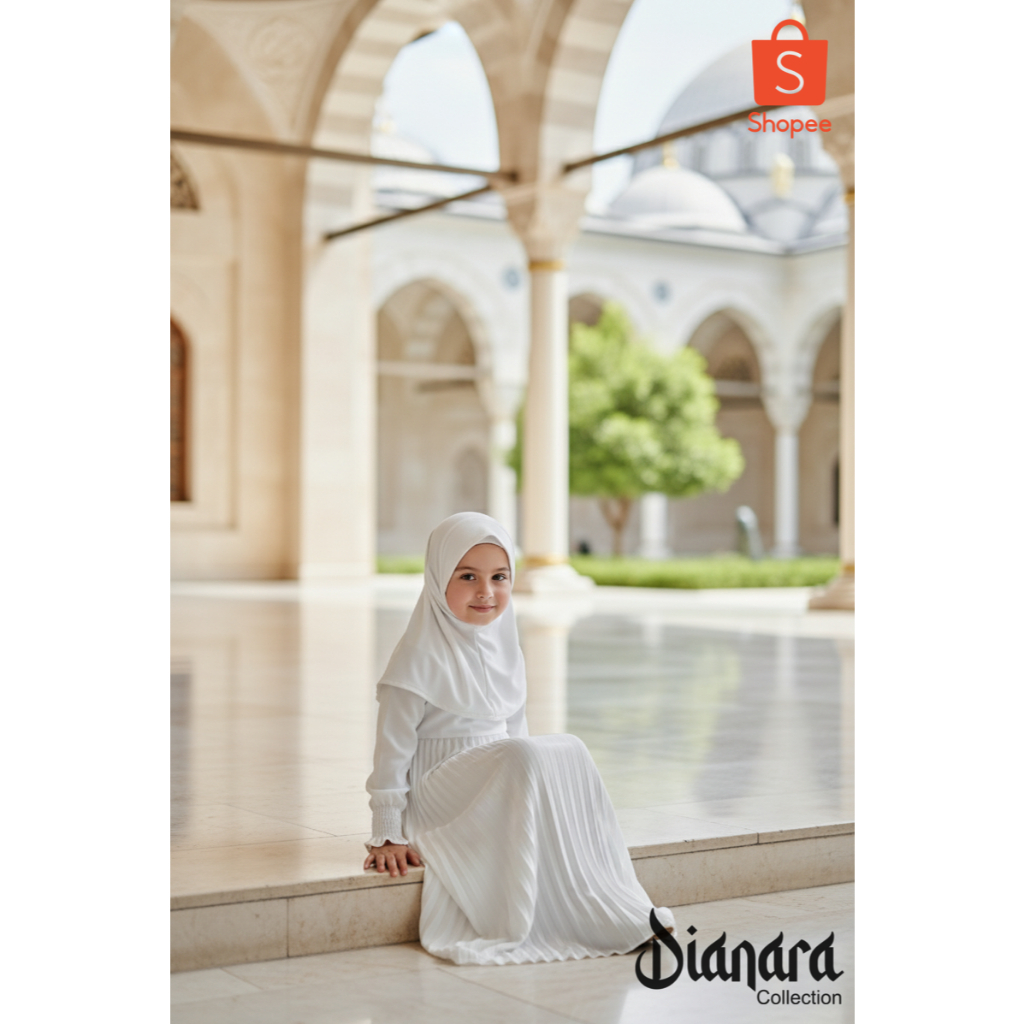 Dianara Gamis + Hijab Anak Putih Manasik Plisket Luna Series buat usia 1-12 Tahun