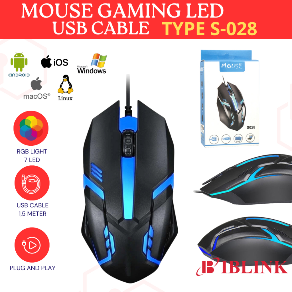 Mouse LED RGB 7 Warna kabel usb 1000Dpi for laptop pc computer /Mouse Gaming  Kabel Usb Led Rgb 1200