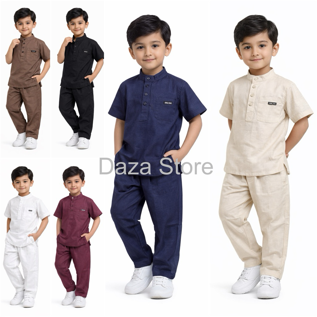 DAZA Baju koko kurta anak set celana, Baju muslim anak laki-laki usia 4-14 tahun