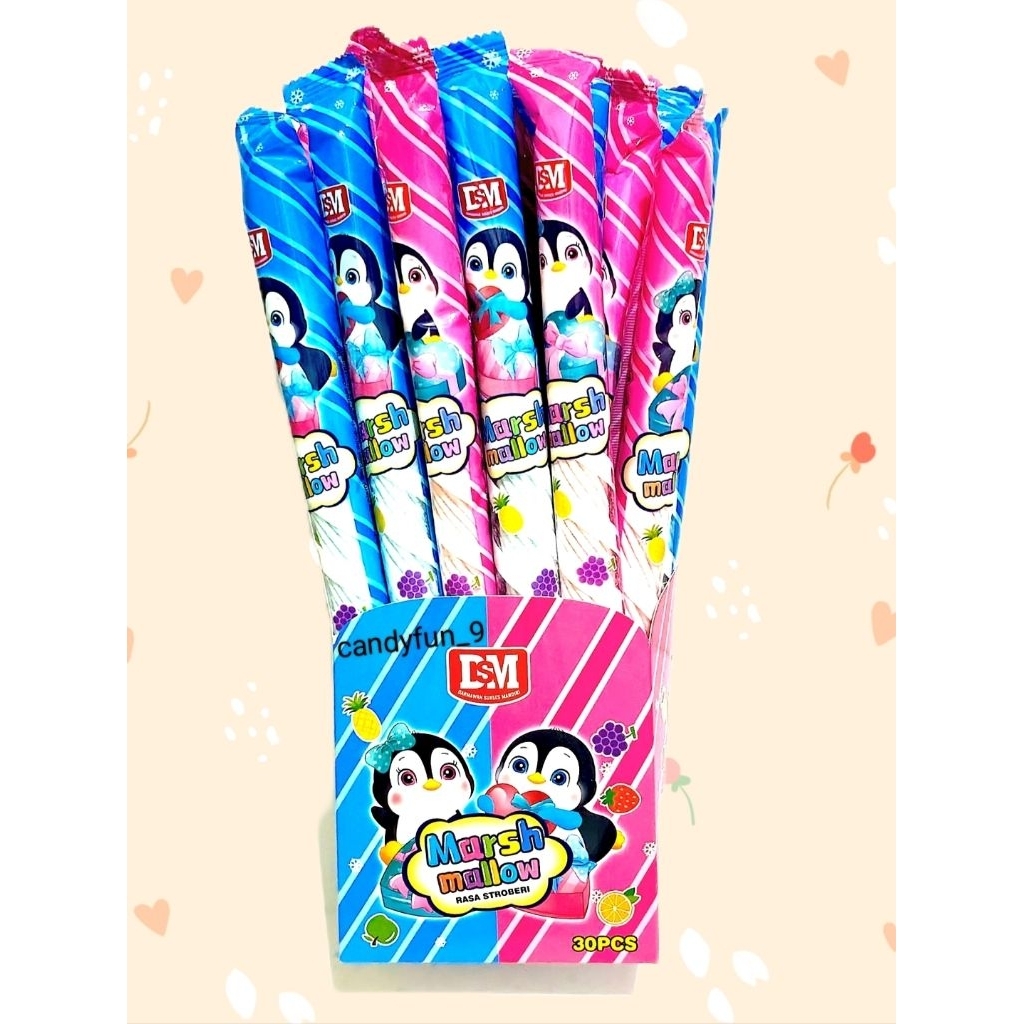 Long Marshmallow Kepang Panjang 30 Pcs - Bentuk Keriting, Rasa Strawberry, Warna Pink Biru Mix